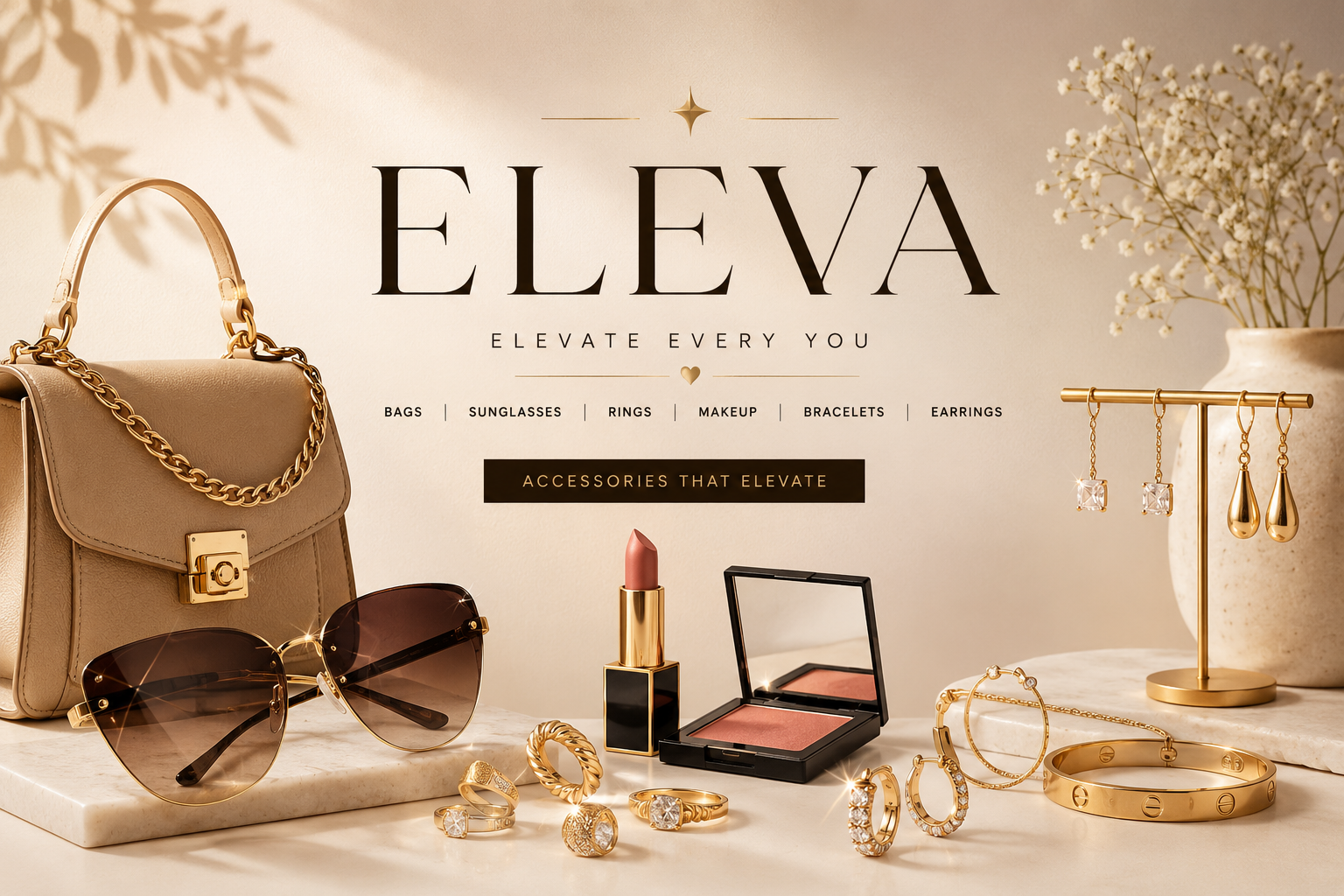 ELEVA accessories collection with handbag, sunglasses, makeup and jewelry